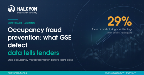 Halcyon graphic on occupancy fraud prevention showing occupancy fraud at 29% of post-closing fraud findings in 2024.