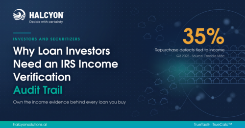 Halcyon graphic on an IRS income verification audit trail for loan investors, citing income as 35% of repurchase defects.