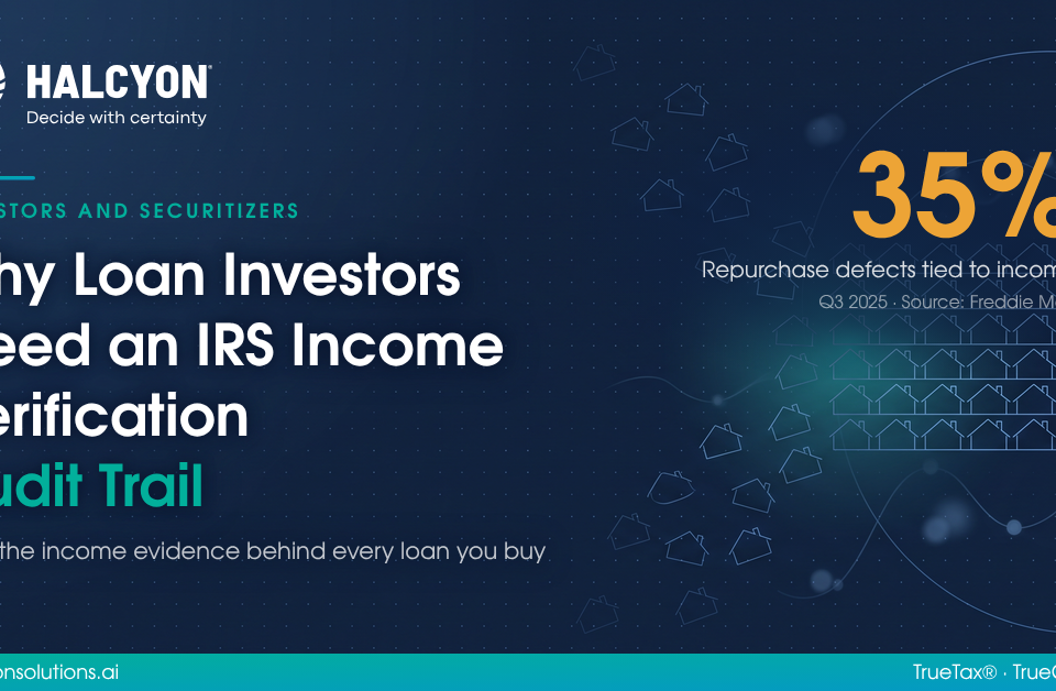 Halcyon graphic on an IRS income verification audit trail for loan investors, citing income as 35% of repurchase defects.